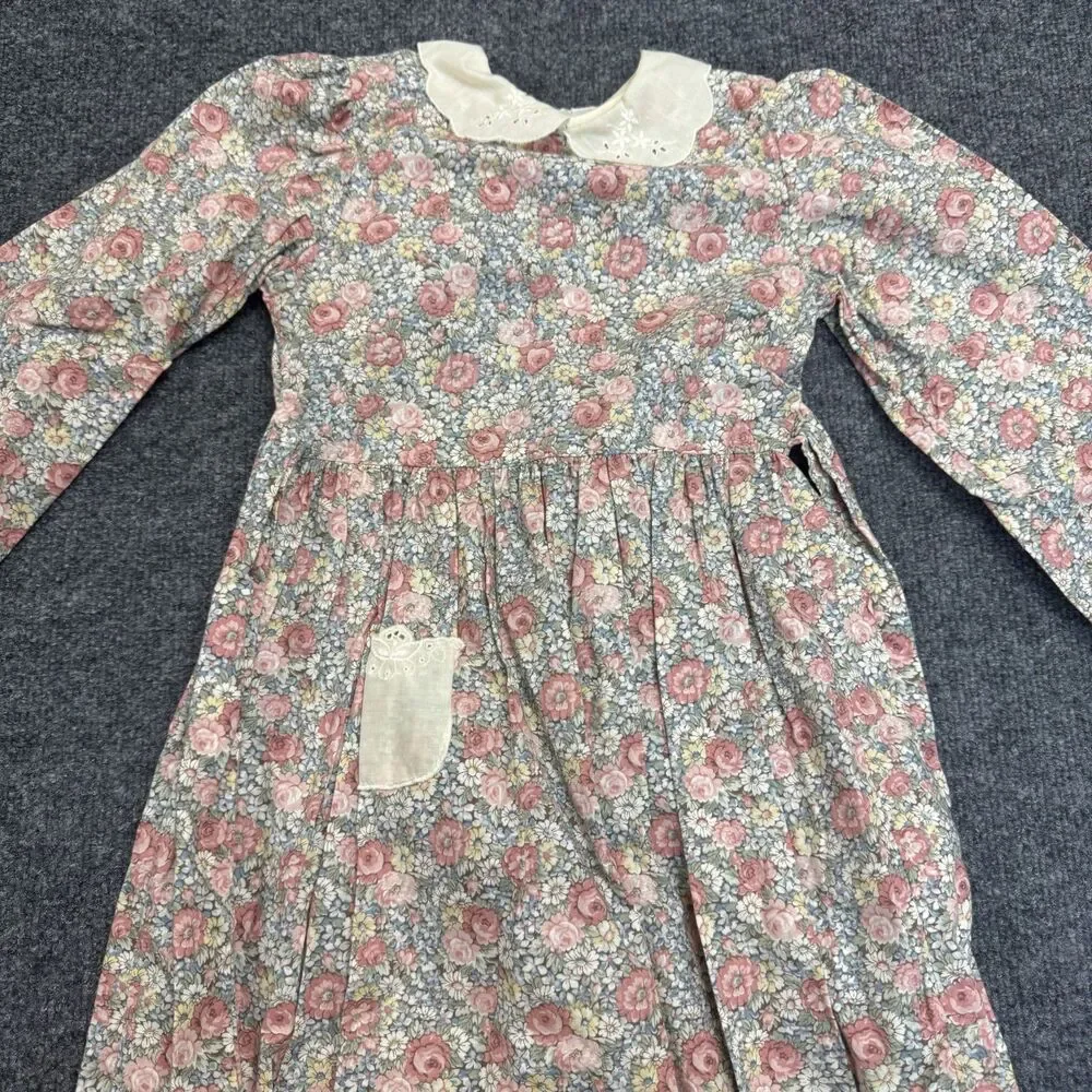 Vintage Colonial Prairie Peasant 70s 80s Girls Dress Floral Long Sleeve Sz 1 USA
